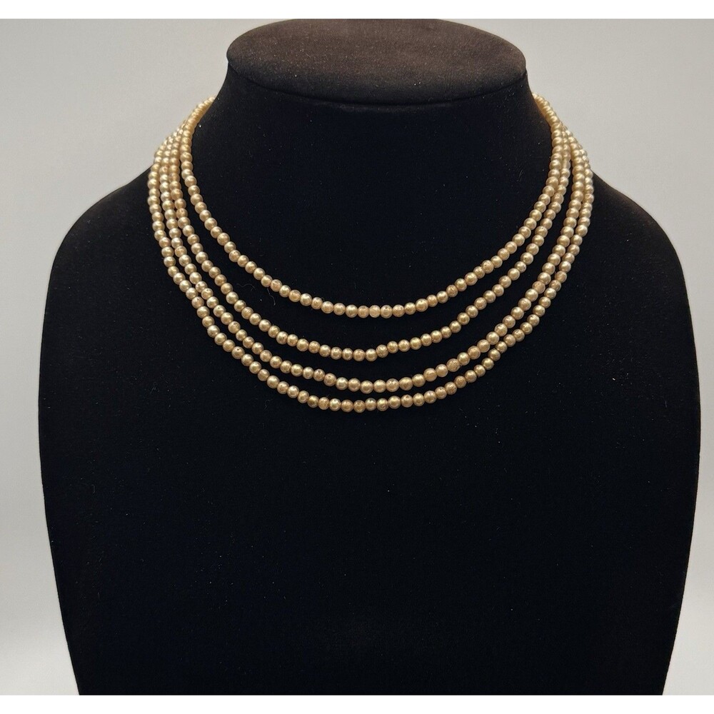 Vintage 4 Strand Faux Pearl Necklace Box Clasp Rhinestones Peach Color 15”